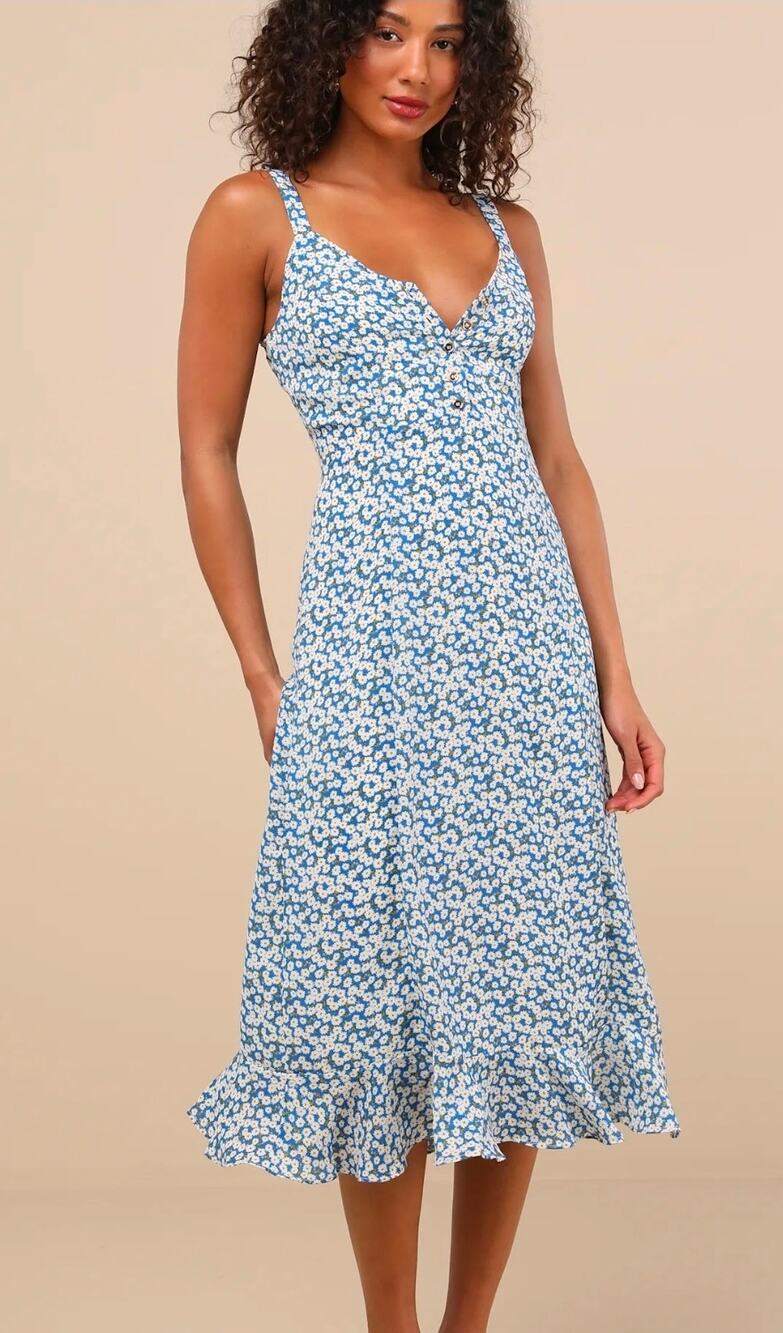 Lulu's Darling Daisies Blue Floral Print Midi Dress